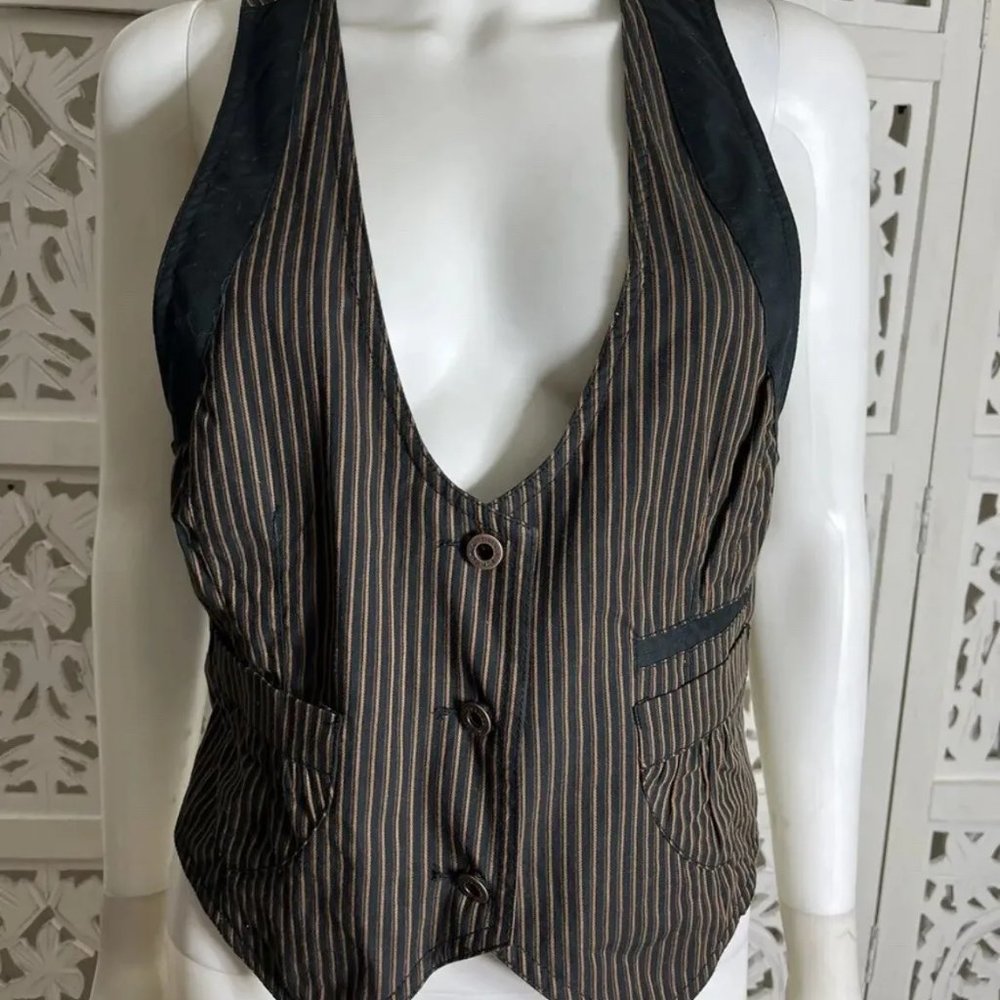 Sundance Women's Vest Stripe Black Brown Cotton Blend Button Up Vest Size 10